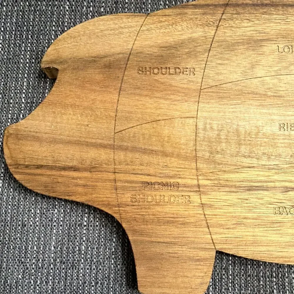 Pig Shaped Wood Cutting Board with Butcher Meat Cuts Diagram, Brown